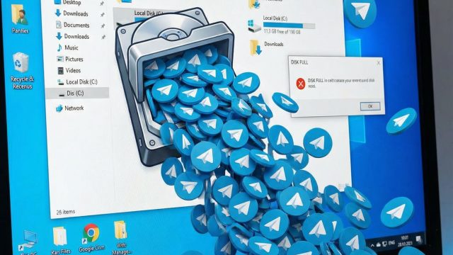 컴퓨터 화면 가득 C 드라이브 아이콘에서 넘쳐나는 텔레그램 로고가 흘러내리는 모습이다.