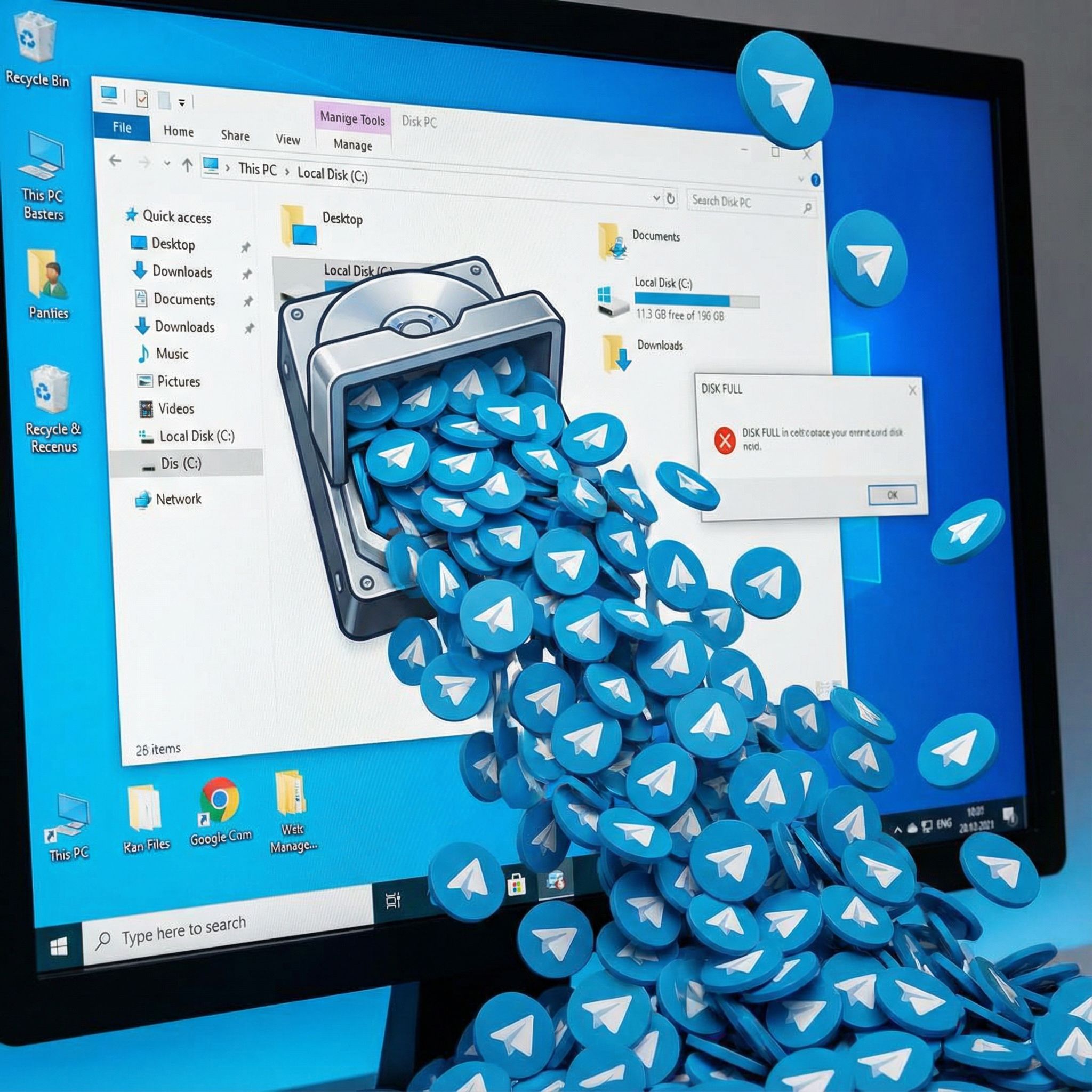컴퓨터 화면 속 저장 공간이 가득 찬 상태에서 파란 아이콘들이 하드디스크 밖으로 쏟아져 나오는 과밀한 장면