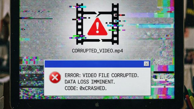 컴퓨터 화면에 빨간 경고 표시가 있는 손상된 동영상 파일 아이콘이 깨진 디지털 잔상과 오류 메시지를 띄우고 있습니다.