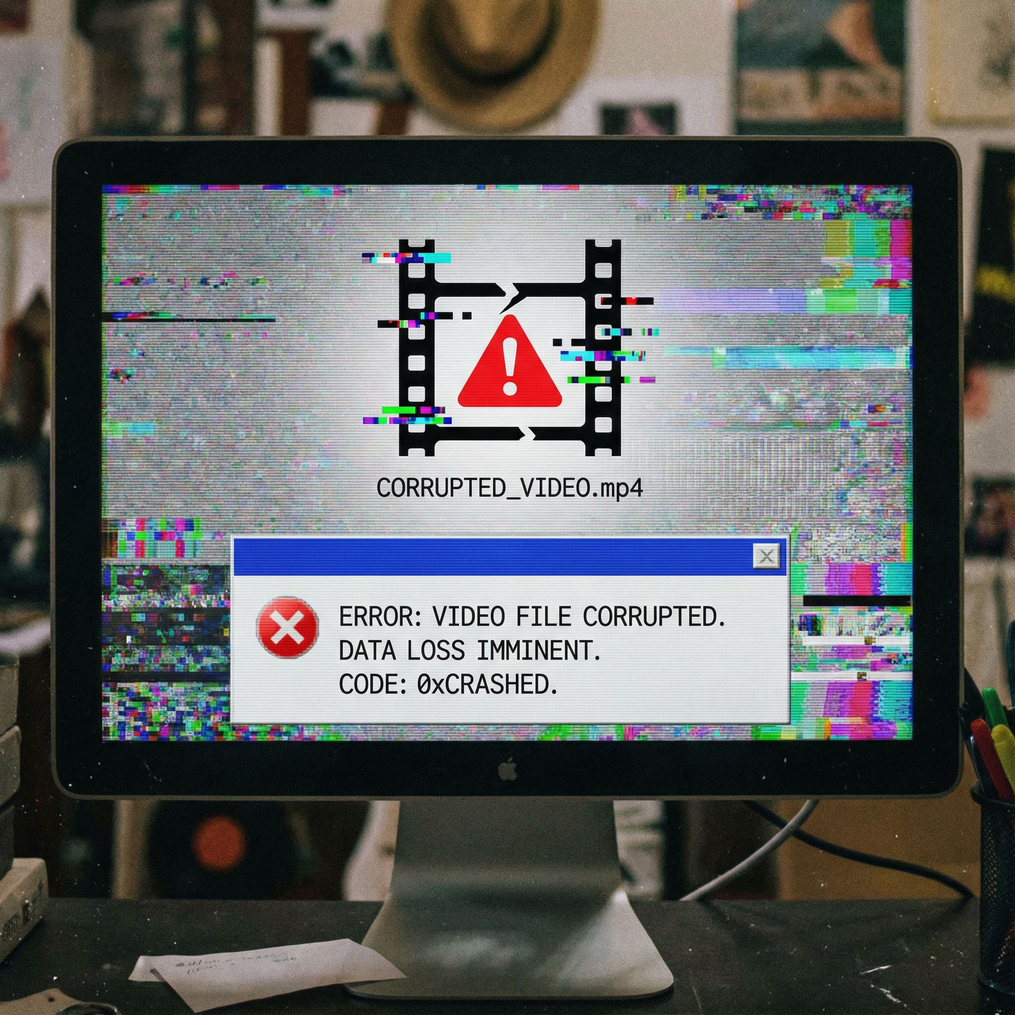 컴퓨터 화면에 빨간 경고 표시가 있는 손상된 동영상 파일 아이콘이 깨진 디지털 잔상과 오류 메시지를 띄우고 있습니다.